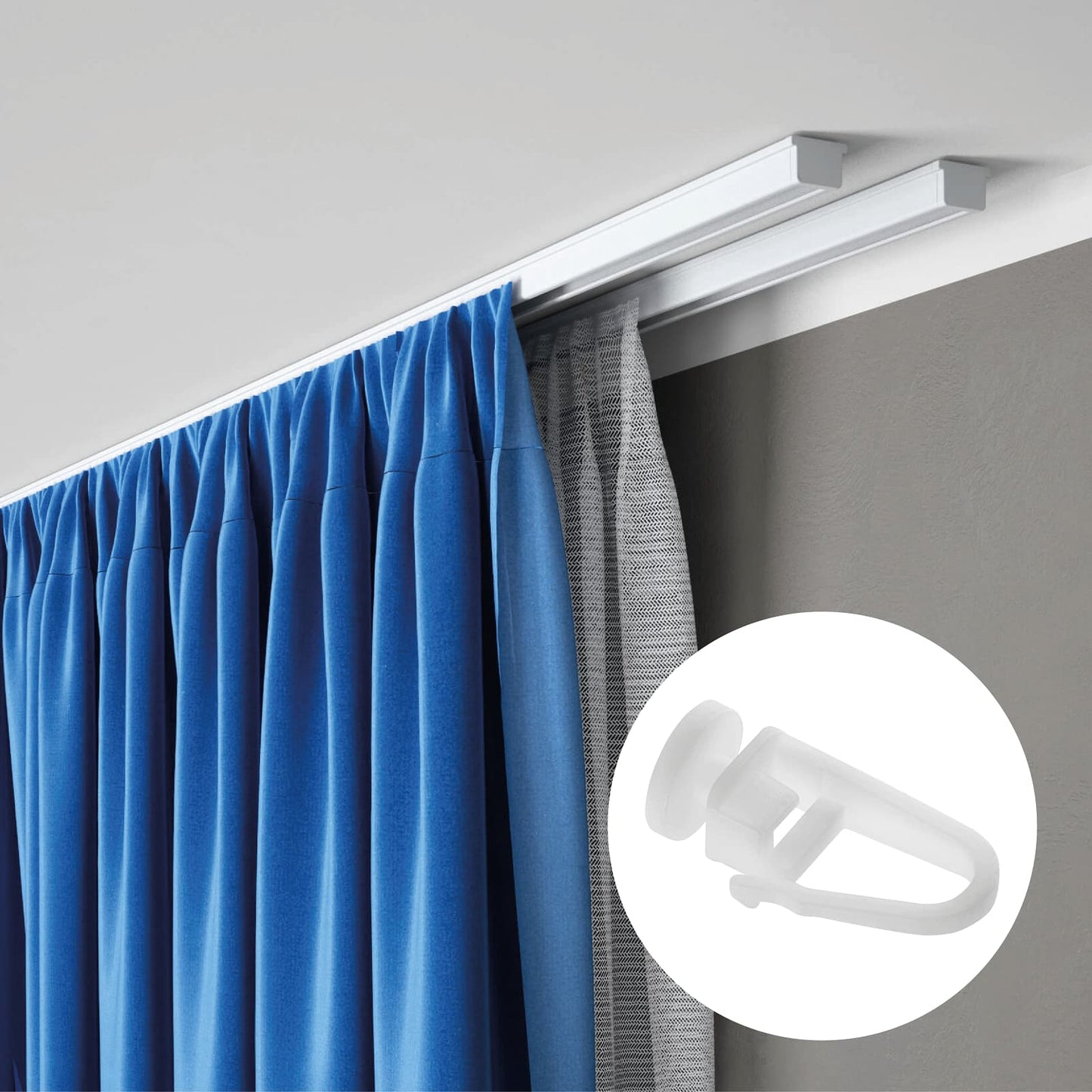 Double rail rideau plafond aluminium blanc avec crochet épingle - kit D100