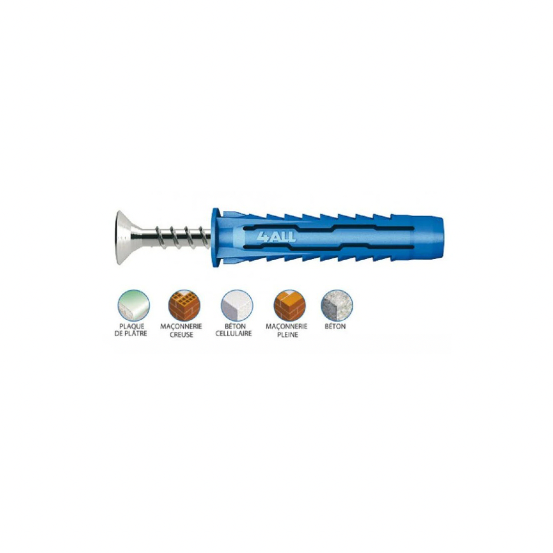 50 Cheville Nylon Multifonctions pour matériaux creux ou pleins (avec vis pour tous matériaux) - Diamètre 8mm