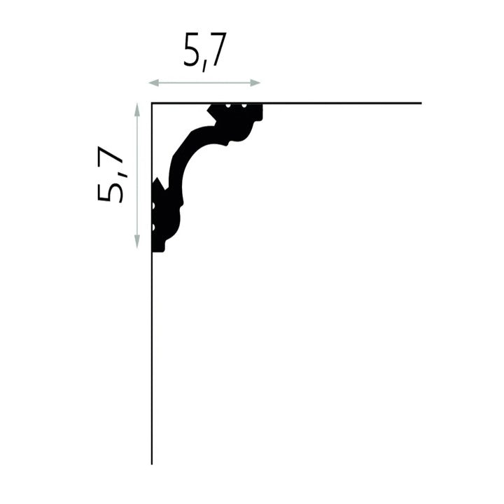 Profil technique de la corniche de plafond flexible MD106F – dimensions 5,7 x 5,7 cm