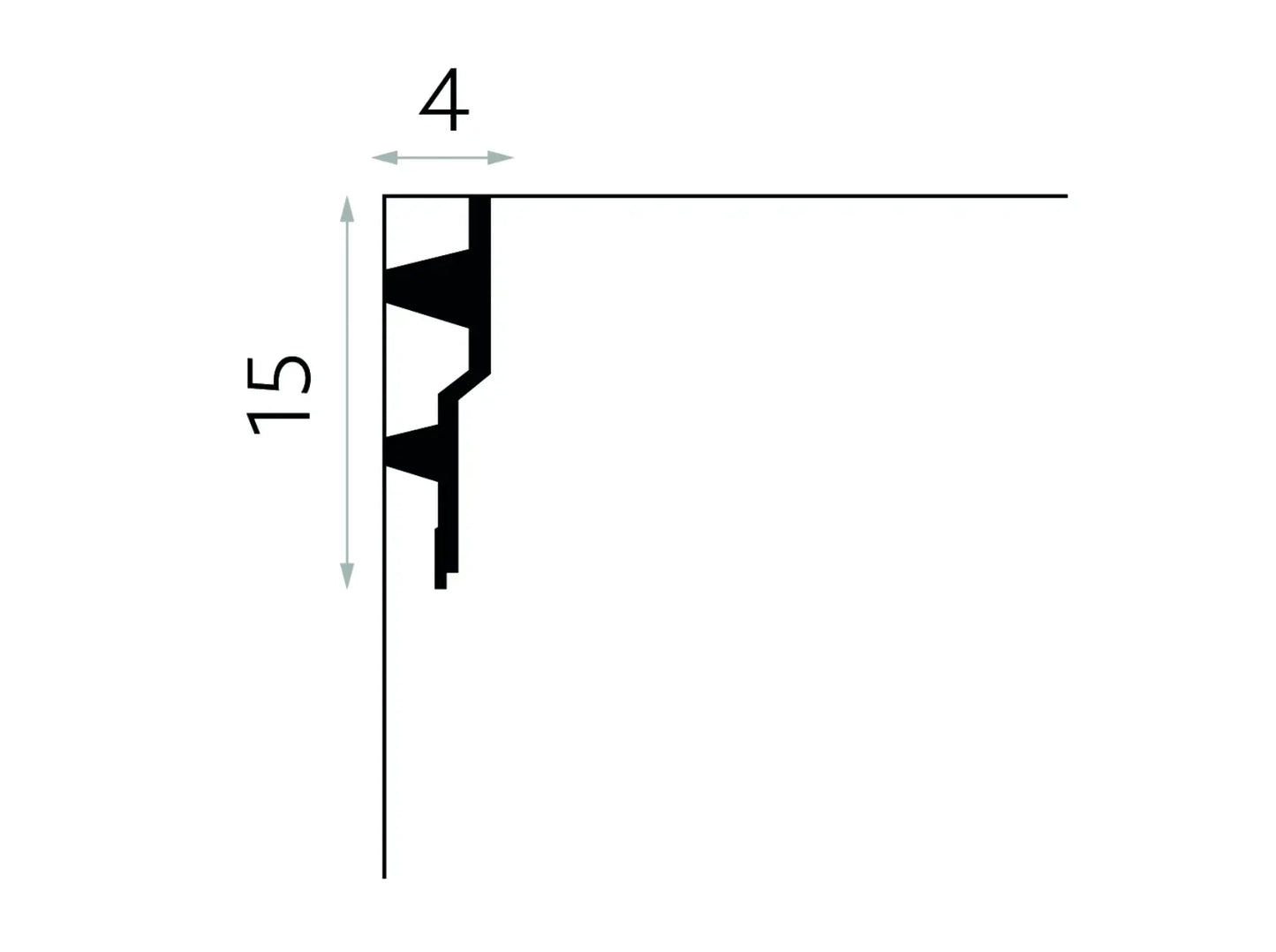 Profil technique de la corniche MDB150, moulure en plâtre pour éclairage LED indirect, dimensions 15 cm x 4 cm