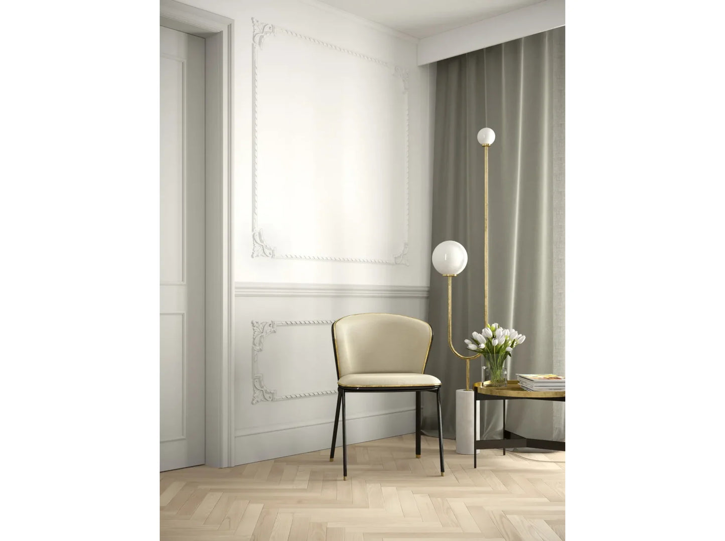 Angle mouluré MDC252-11 installé dans une pièce élégante avec moulures murales classiques blanches et parquet clair – ambiance raffinée