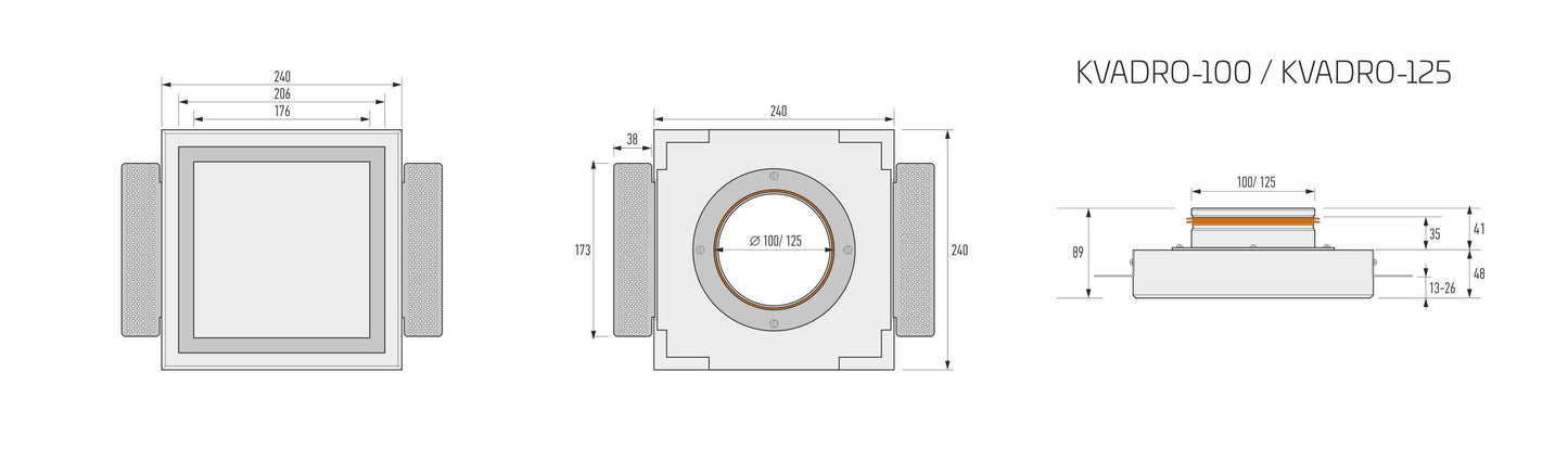 Schéma technique du diffuseur ERGOVENT Kvadro 200x200 montrant la profondeur d’encastrement et dimensions en mm_