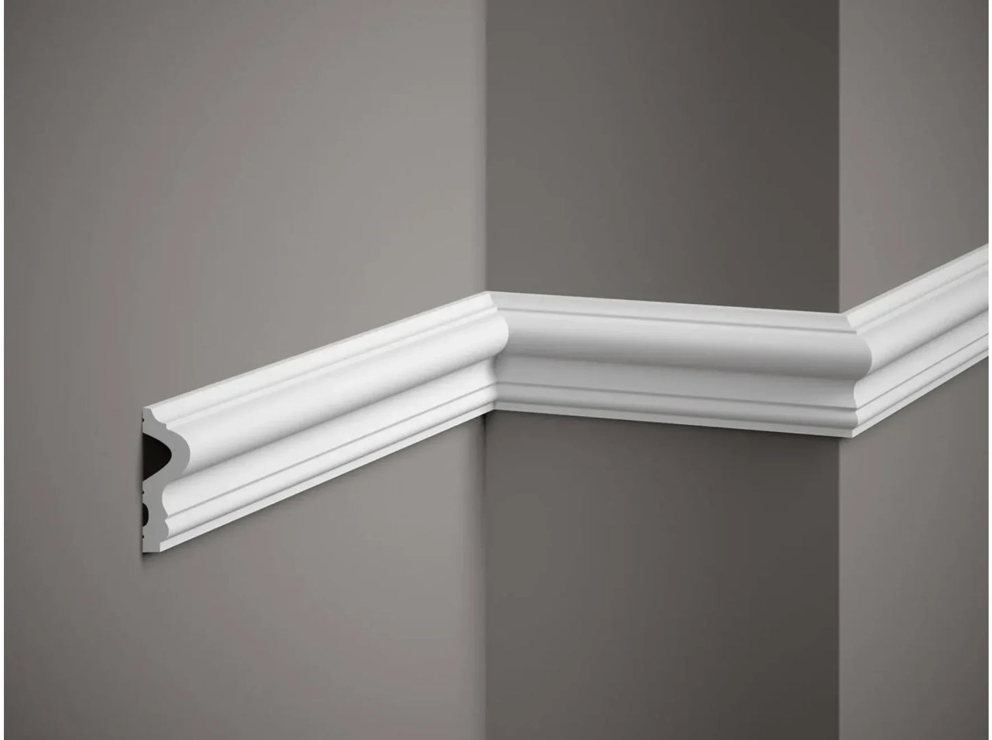 Cimaise | Moulure murale décorative blanche MD346 posée sur mur intérieur, vue de face, longueur 200 cm, finition lisse