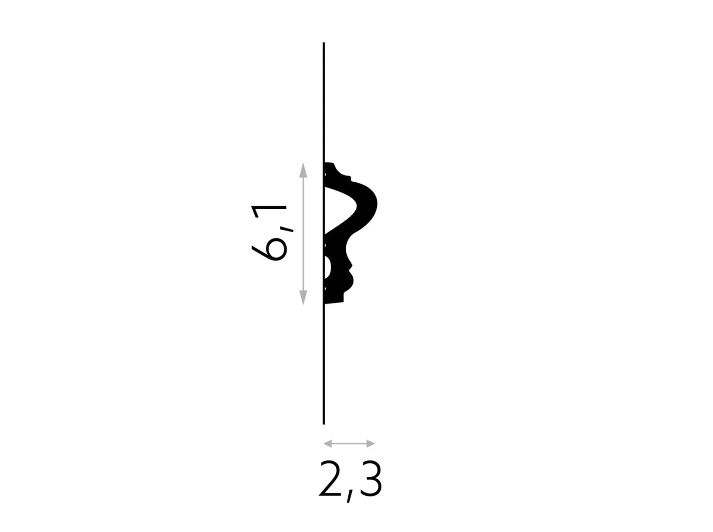 Profil en polyuréthane cimaise MD346 avec détail sur l'épaisseur de 2,3 cm et hauteur de 6,1 cm