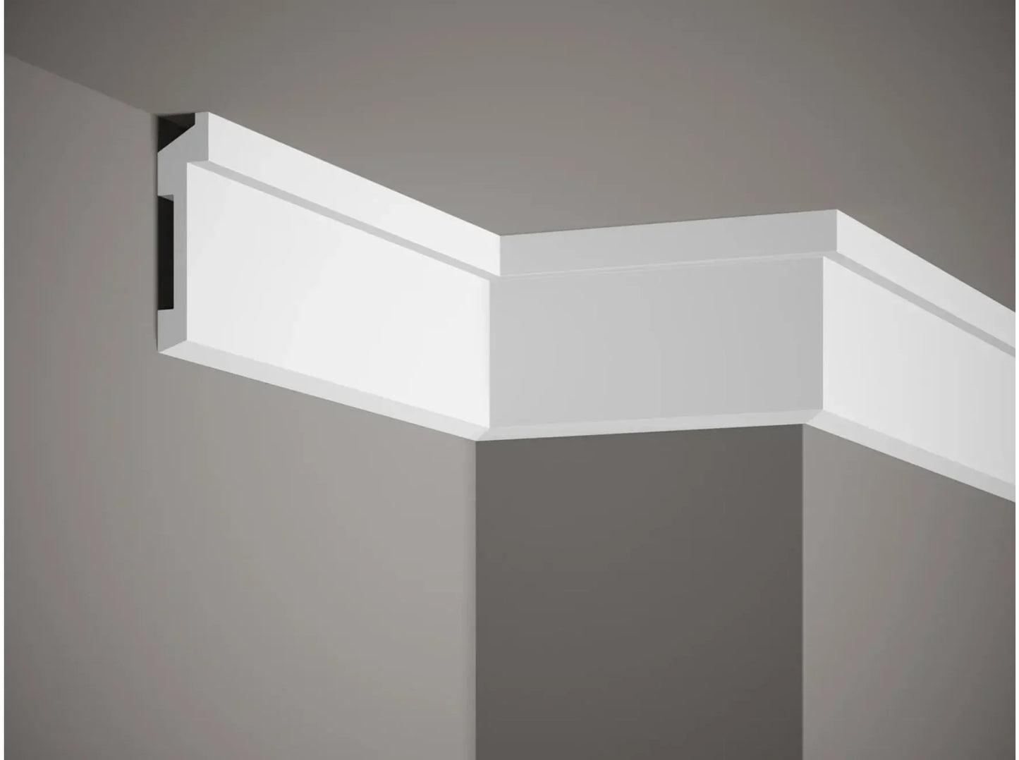 Corniche de plafond MD025 - moulure moderne en polyuréthane 200 x 11 x 2,7 cm avec gorge lumineuse LED intégrée, installation au plafond dans un angle.