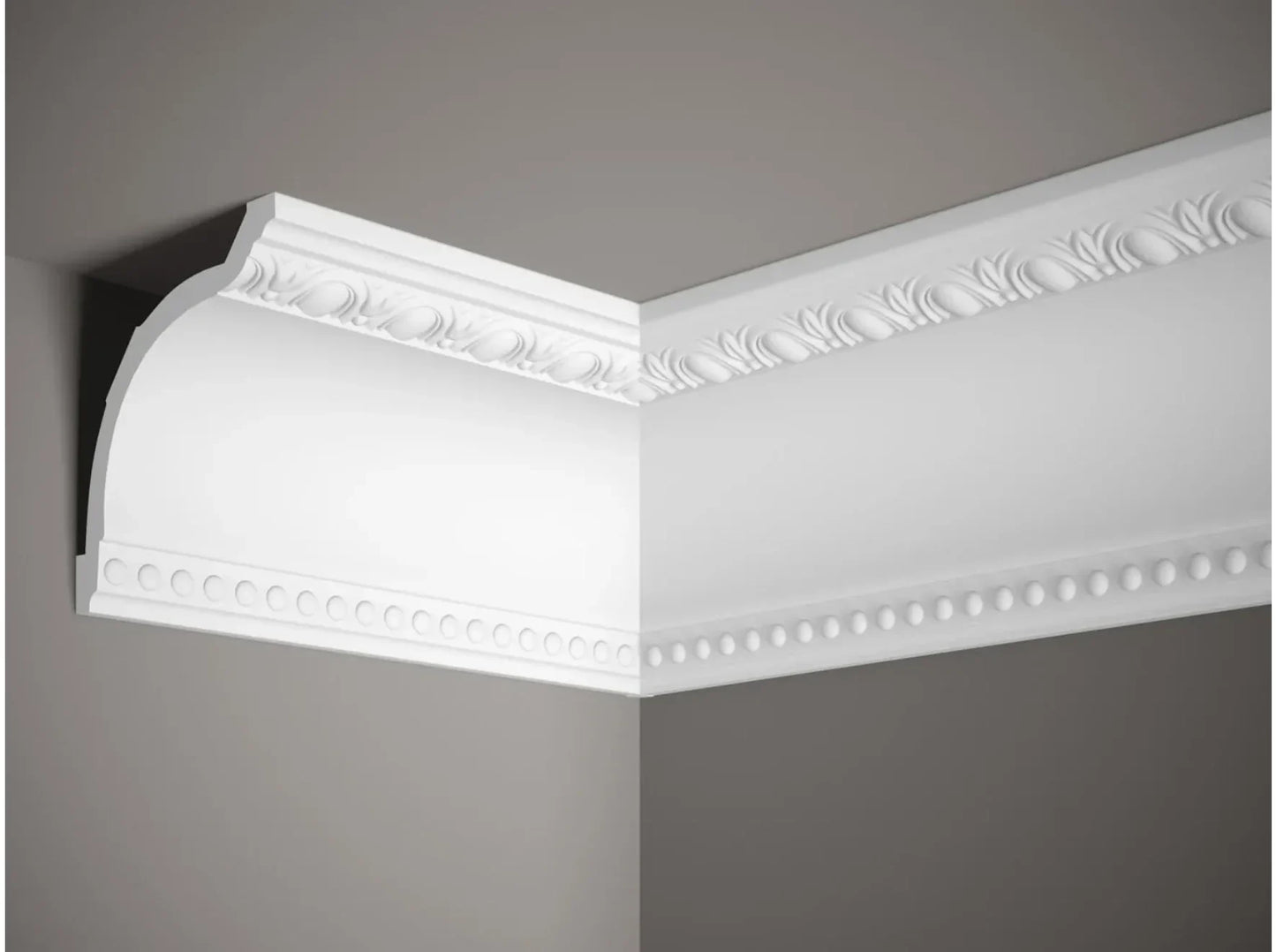Corniche de plafond MDA040 avec motif œuf et perle, moulure en plâtre blanche installée au plafond, style classique et élégant