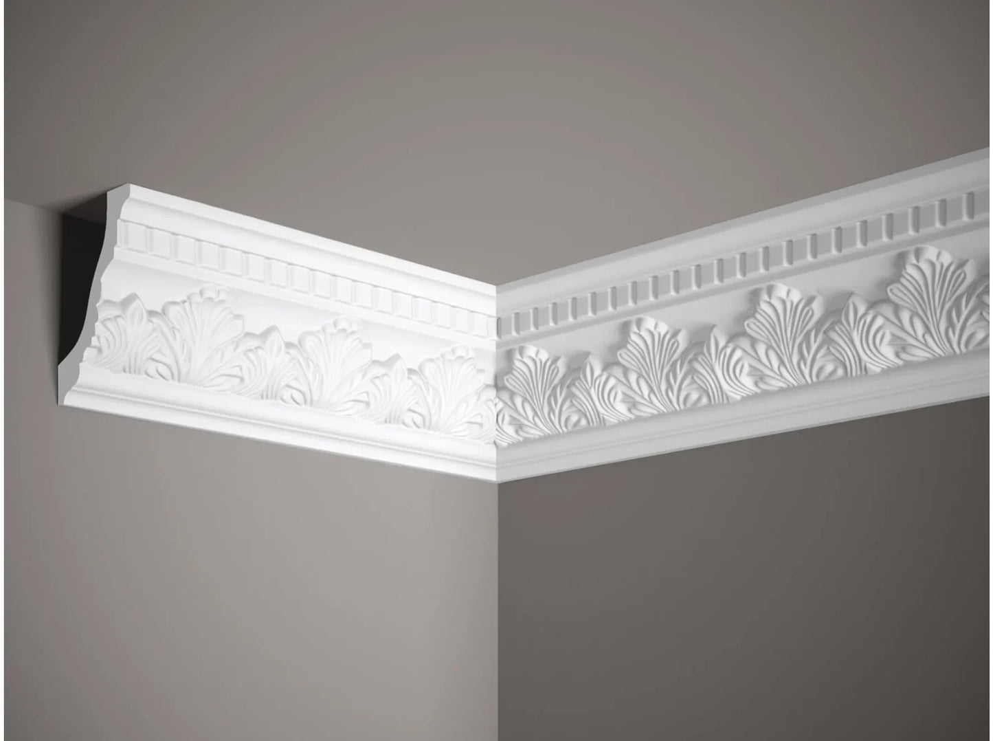 Corniche de plafond MDA098 en plâtre avec motif feuille d’acanthe, moulure décorative blanche pour intérieur classique et raffiné
