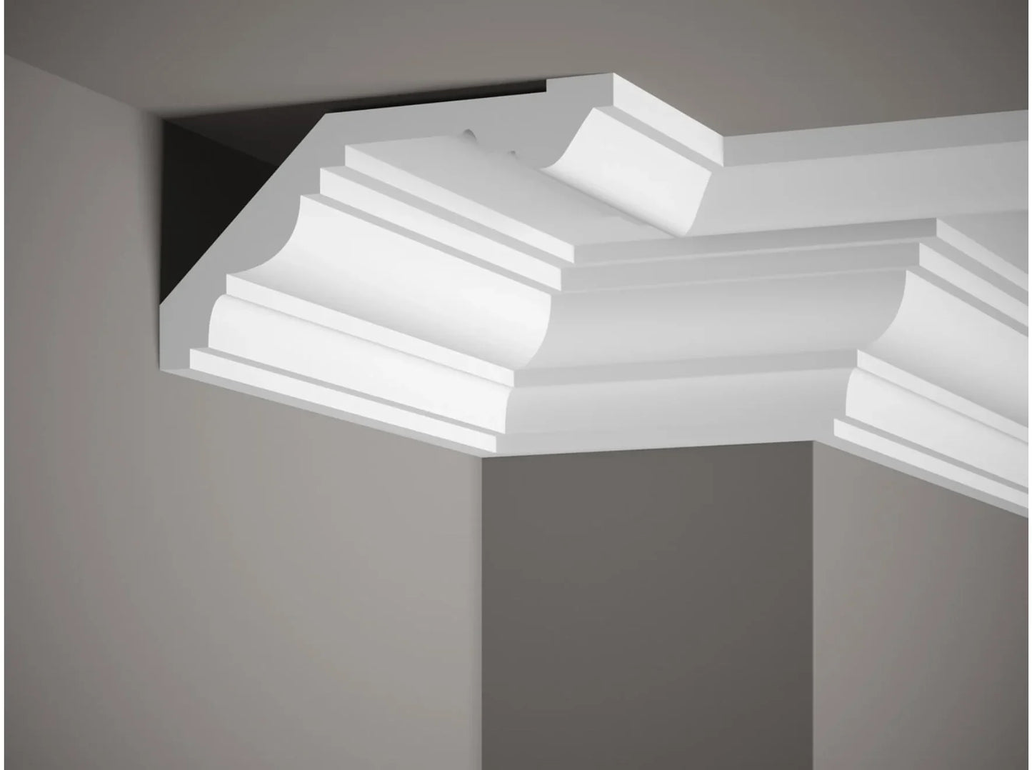 Corniche de plafond MDB121 dans un angle de pièce, moulure décorative haute pour une finition élégante.