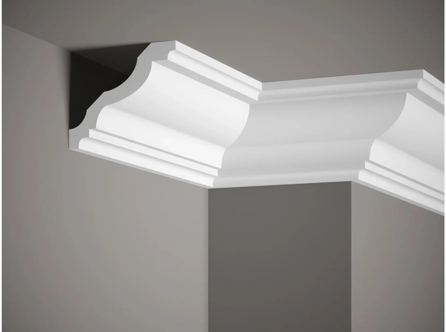 Corniche de plafond MDB158 en polyuréthane - vue en angle, style classique, dimensions 200 x 10,5 x 12,5 cm