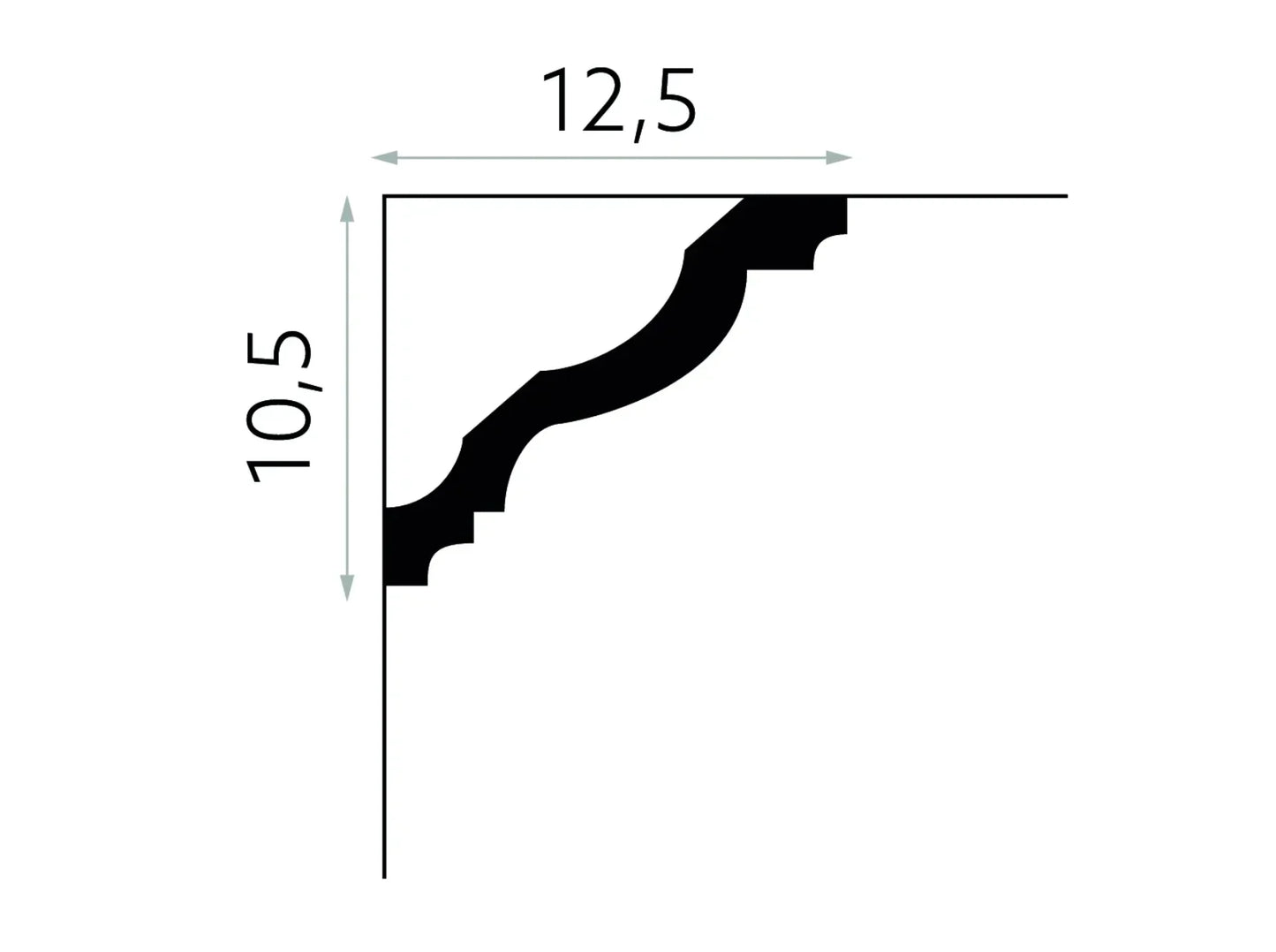 Schéma technique de la corniche de plafond MDB158 avec dimensions 10,5 cm de hauteur et 12,5 cm de saillie
