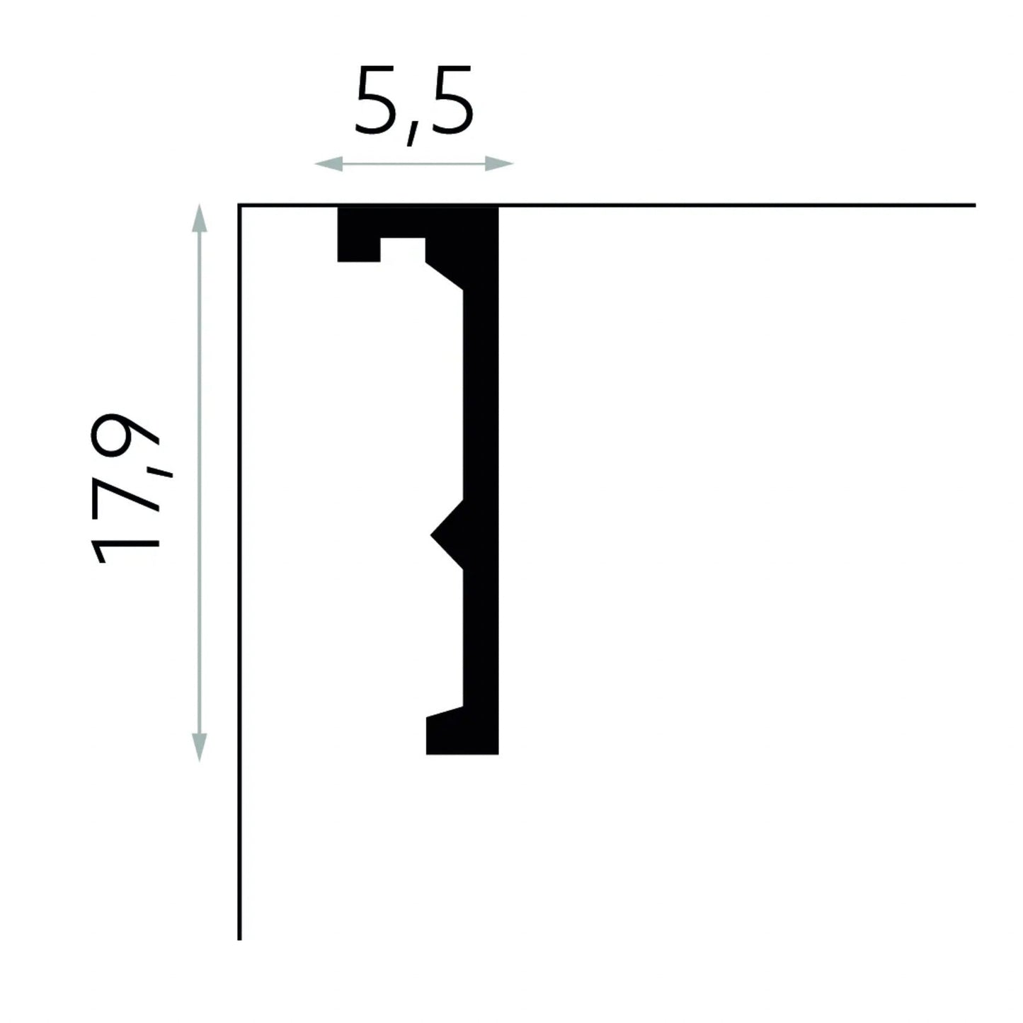 Schéma technique cornière cache rideau QL056T avec dimensions précises en mm
