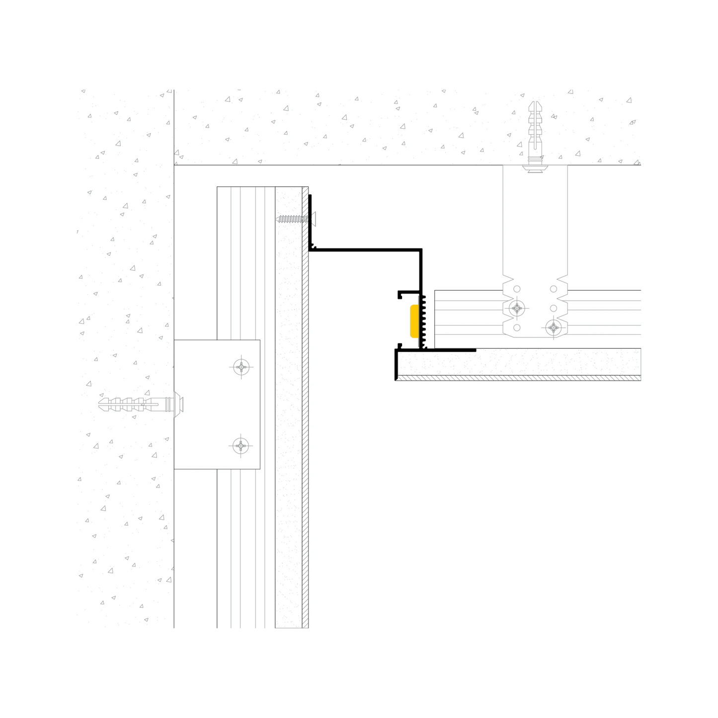 Dessin architectural du profilé LED aluminium 40 mm intégré dans une structure de plafond suspendu. Indication de la pose et du positionnement
