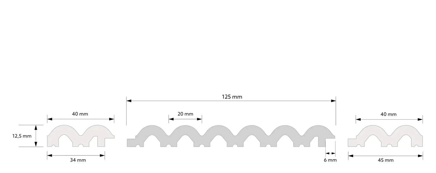 Plan de coupe avec dimensions du panneau mural Sereno L0401 - extrémités gauche et droite, lamelles centrales