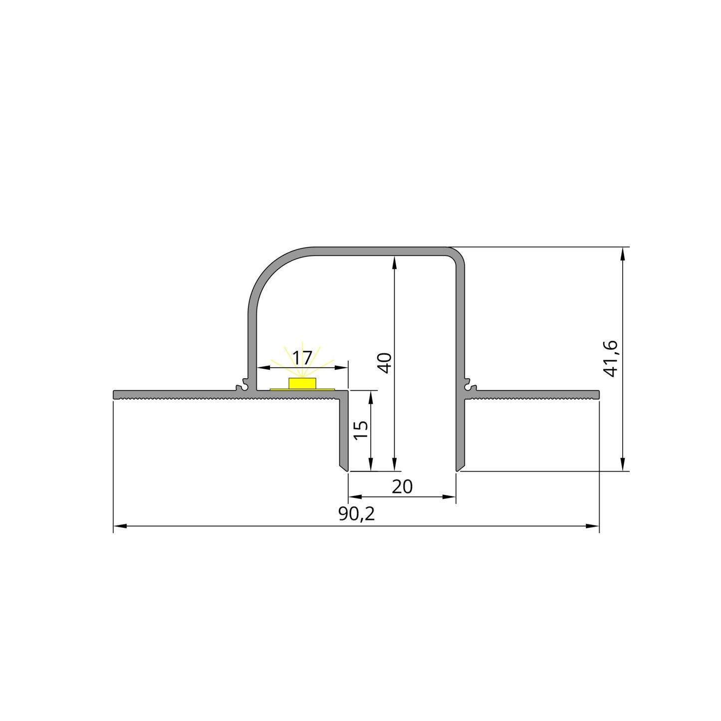 Dessin technique du profilé LED encastré P12 aluminium arrondi, dimensions détaillées pour installation murale ou plafond.