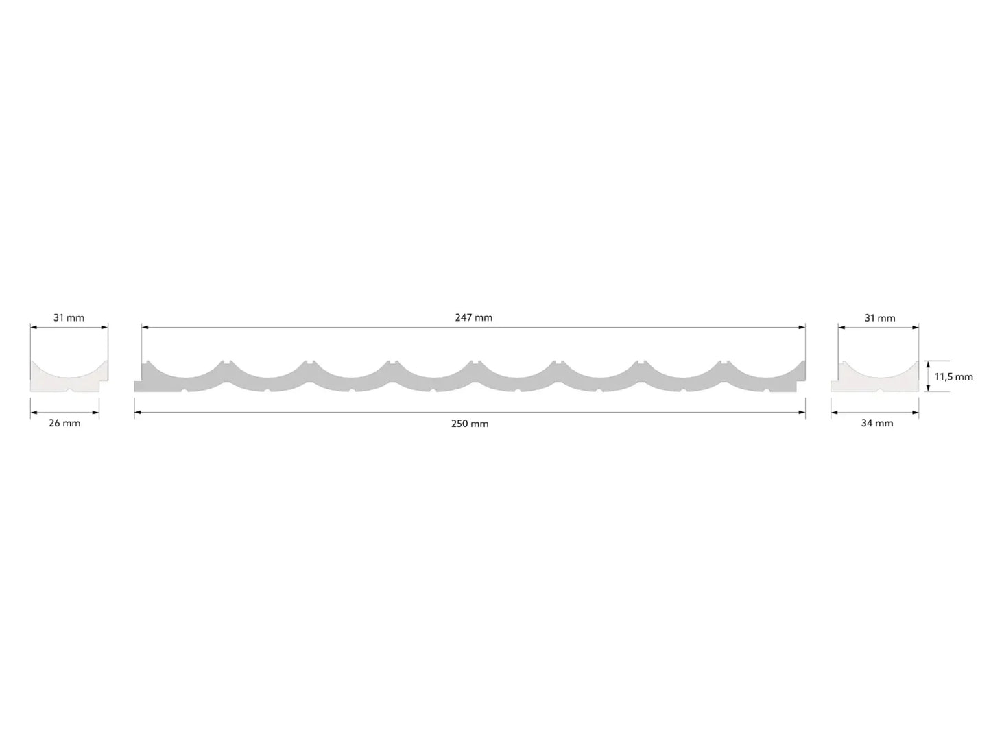 Schéma technique de l’extrémité droite Lumio WP002RT - dimensions précises pour installation murale Schéma technique de l’extrémité droite Lumio WP002RT - dimensions précises pour installation murale