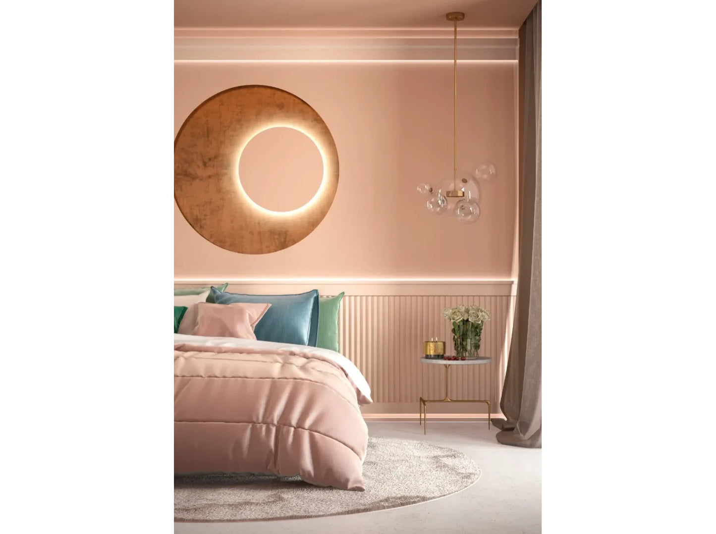 Corniche MDB150 installée dans une chambre moderne, avec éclairage LED intégré pour une décoration intérieure élégante et chaleureuse