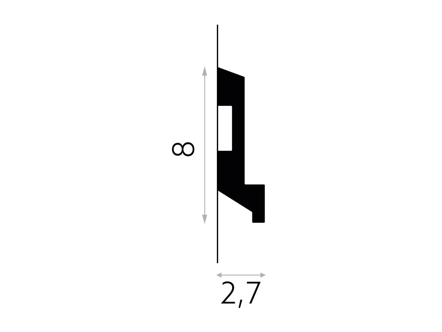 Schéma technique de la moulure murale MD024 avec dimensions 200 x 8 x 2,7 cm