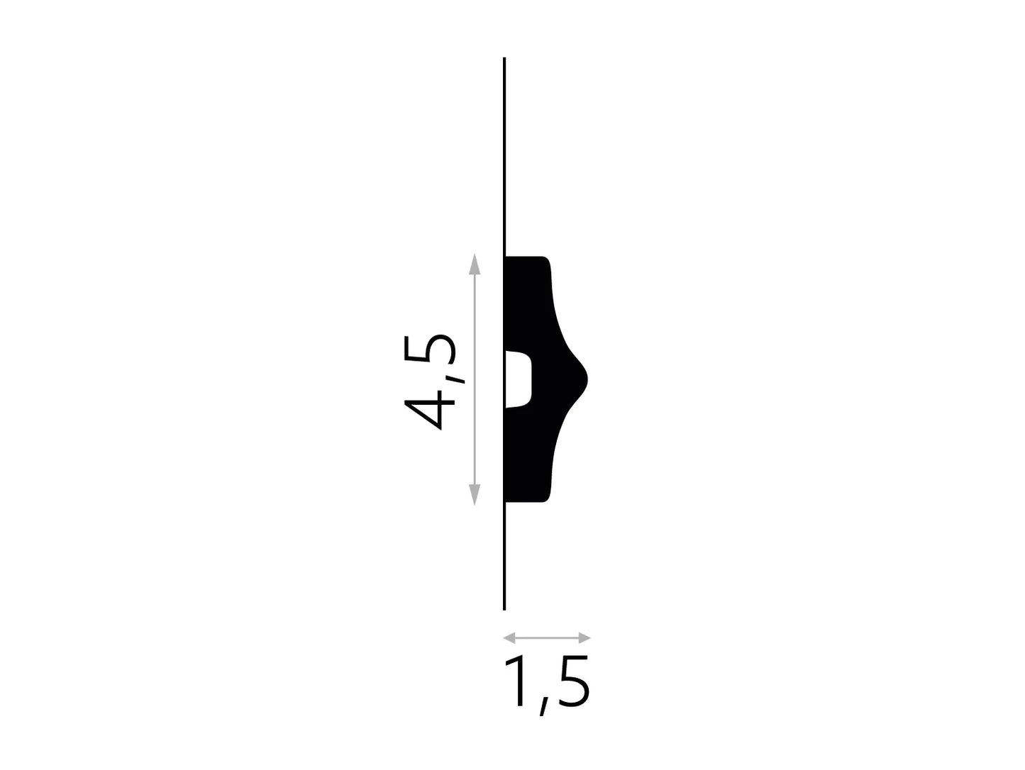 Schéma technique de la moulure murale MD026 avec dimensions 200 x 4,5 x 1,5 cm