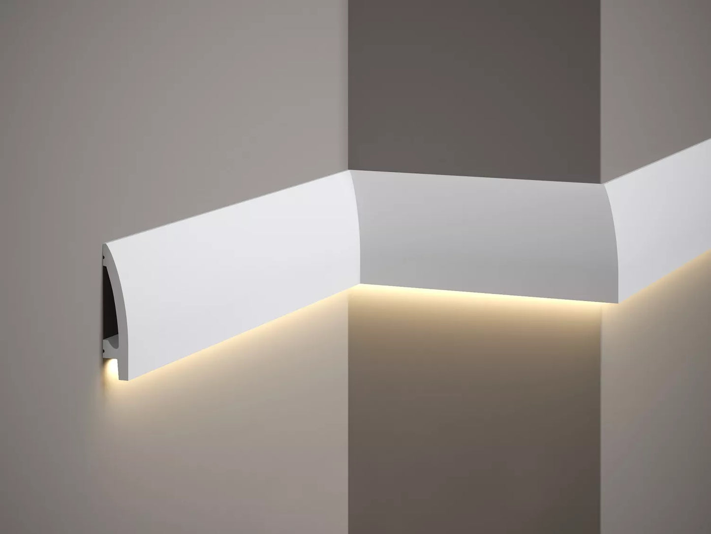 Moulure murale MD030 blanche avec éclairage LED indirect vers le bas, installée dans un angle de mur pour une décoration moderne et élégante
