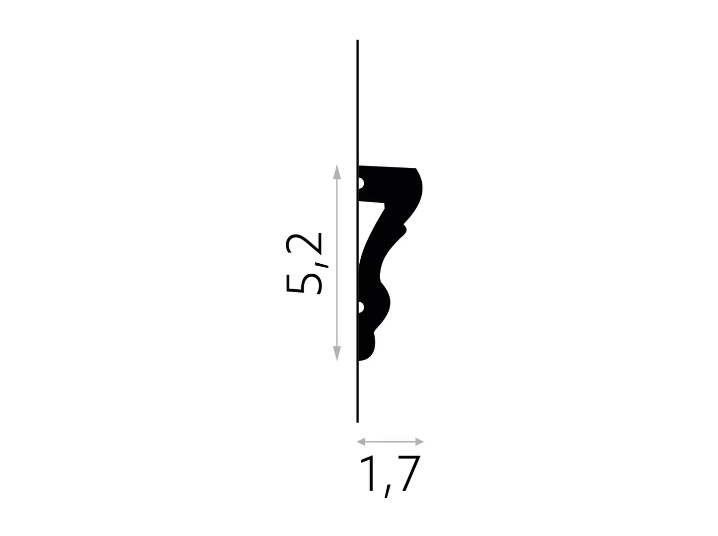 Schéma technique de la moulure murale MD314 avec dimensions 200 x 5,2 x 1,7 cm