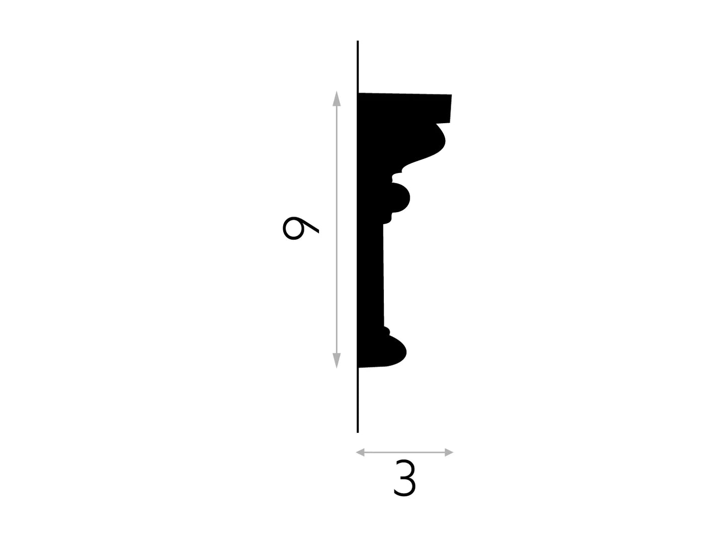 Schéma technique de la moulure murale MDD305 - dimensions 200 x 9 x 3 cm, profil décoratif en polystyrène pour habillage mural