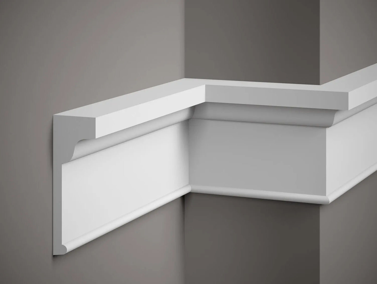 Moulure murale décorative MDD335 en polystyrène 200 x 15,5 x 5,4 cm installée sur un angle de mur intérieur Moulure murale décorative MDD335 en polystyrène 200 x 15,5 x 5,4 cm installée sur un angle de mur intérieur