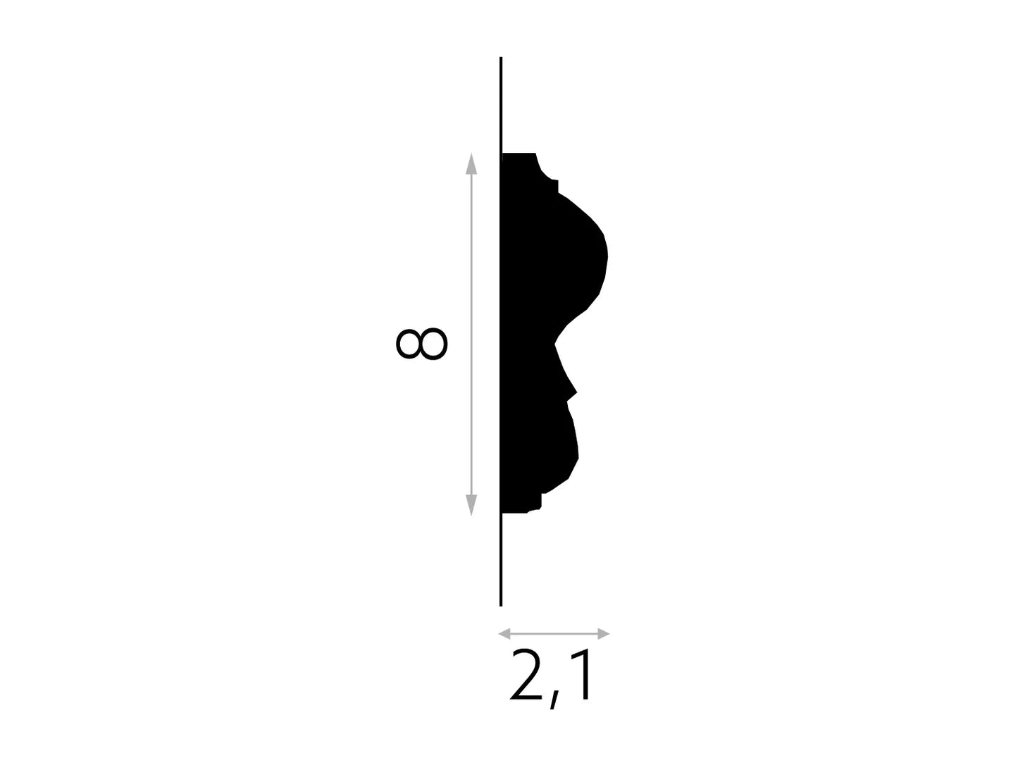 Schéma technique de la moulure murale MDD338 - dimensions 200 x 8 x 2,1 cm, profil décoratif pour habillage intérieur