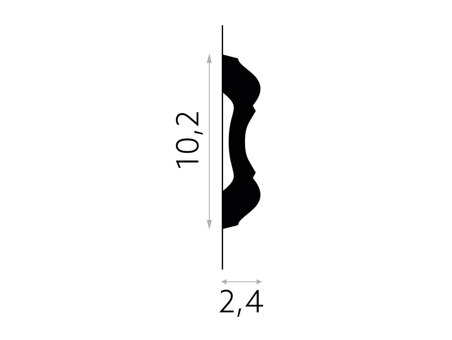 Schéma technique de la moulure murale MDD345 - dimensions 200 x 10,2 x 2,4 cm, profil décoratif pour finitions murales intérieures