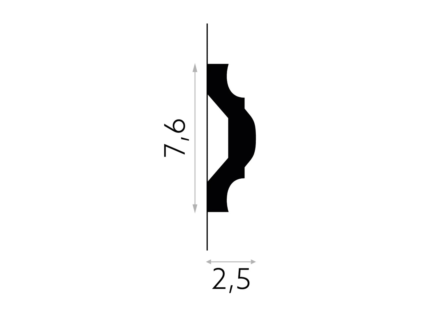 Schéma technique de la moulure murale MDD351 avec dimensions 200 x 7,6 x 2,5 cm.