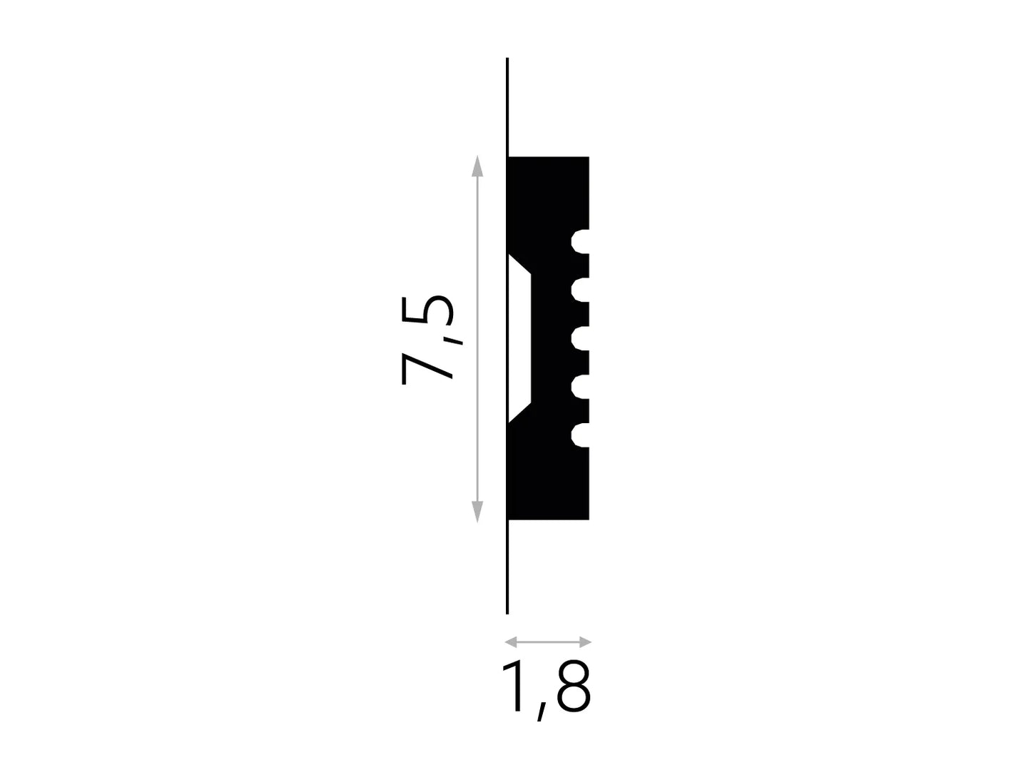 Schéma technique de la moulure murale MDD412 avec dimensions 200 x 7,5 x 1,8 cm.
