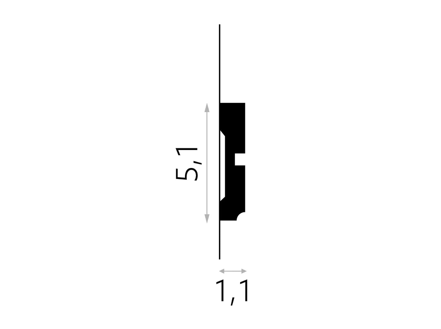 Schéma technique de la moulure murale MDD414 avec dimensions 200 x 5,1 x 1,1 cm