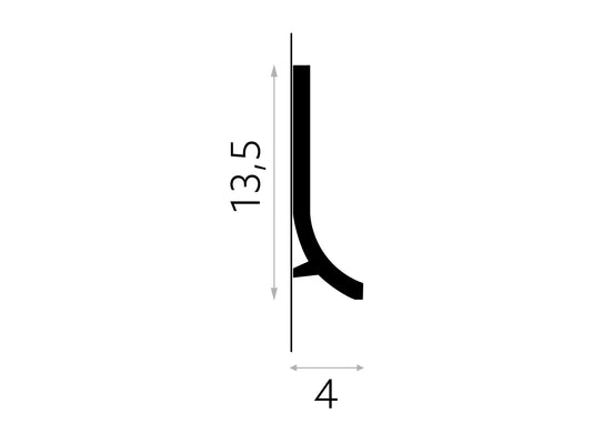 Schéma coté de la moulure QS011 en PolyForce, profil de 13,5 × 4 cm