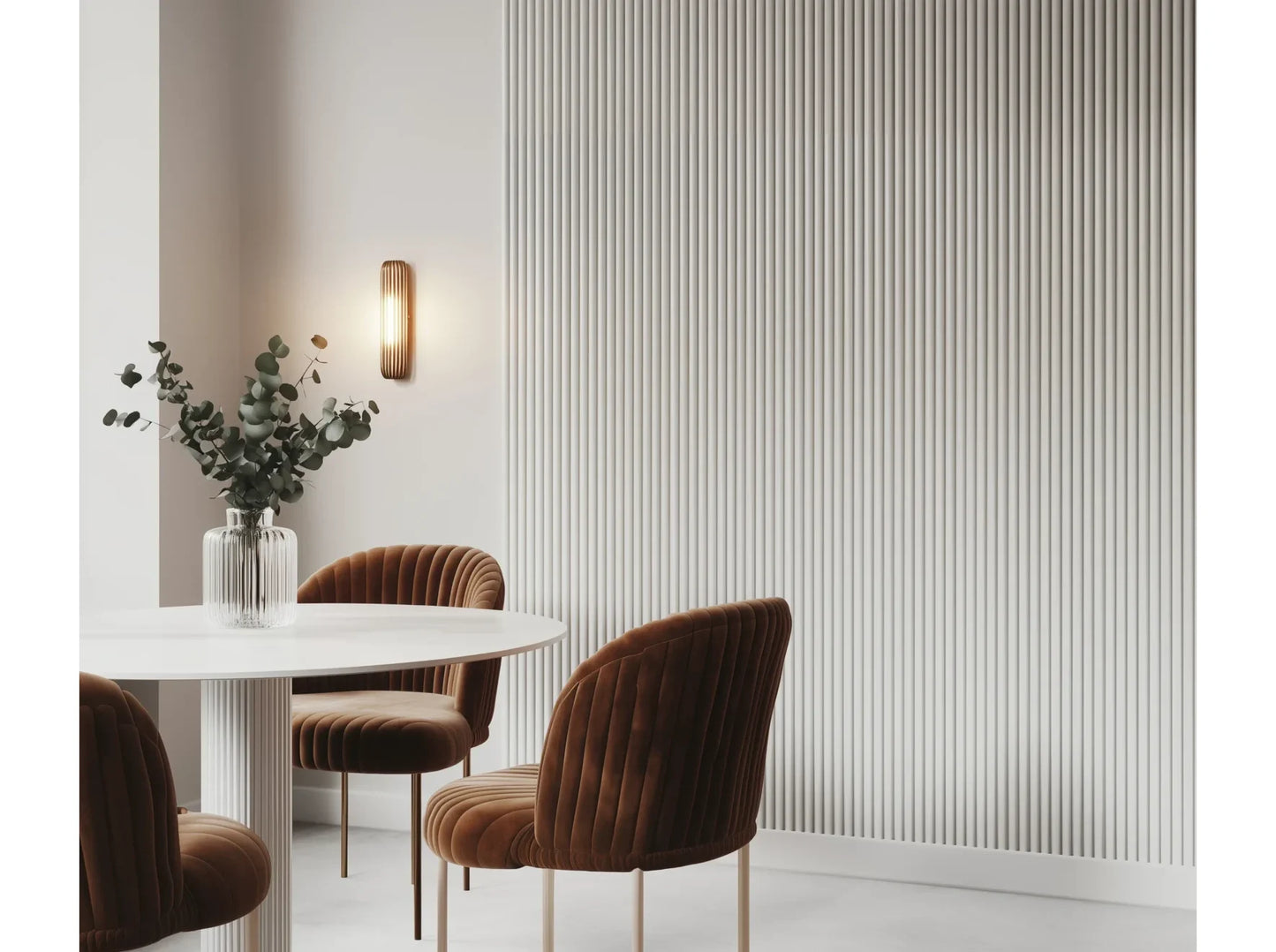 Mur décoratif habillé avec le panneau mural Duna WP001 dans une salle à manger contemporaine.