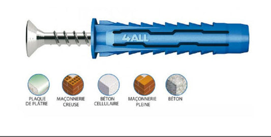 Cheville Nylon Multifonctions pour matériaux creux ou pleins (avec vis pour tous matériaux) - Diamètre 6mm (Boîte de 10, 20, 50 et 100)