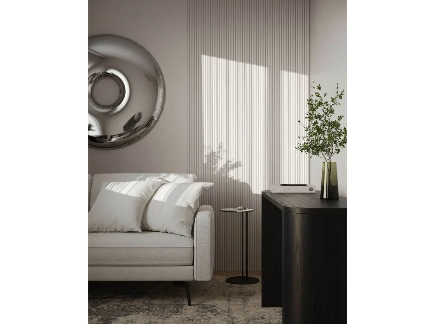 Panneau mural 3D Sereno L0401 installé dans un salon contemporain - décoration murale blanche et texturée