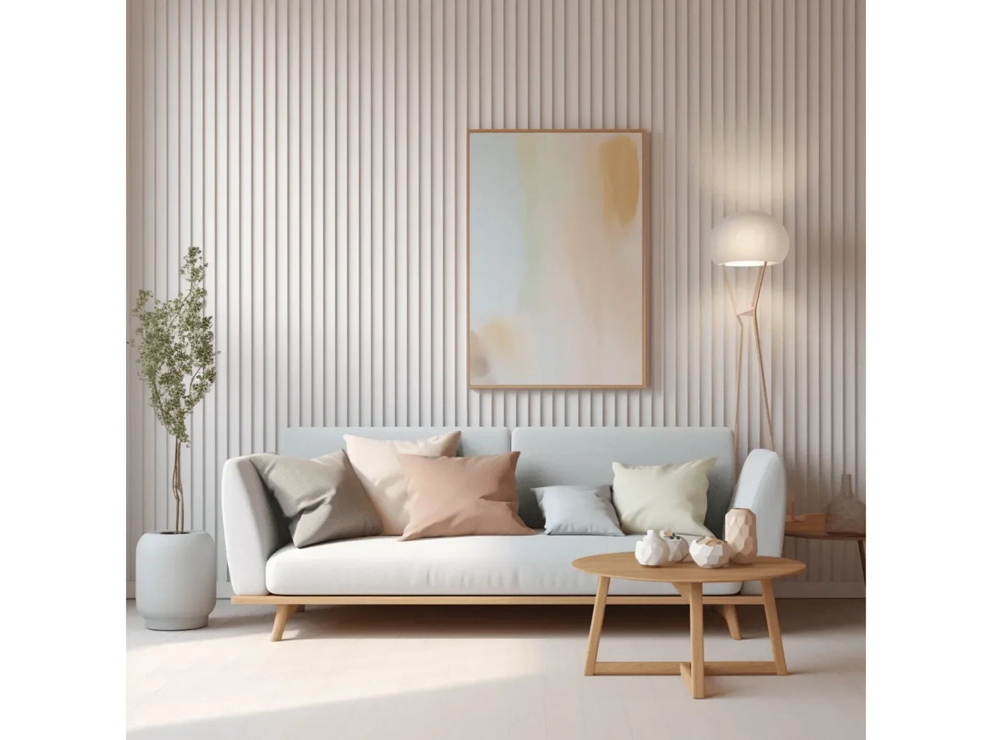 Panneau mural Lumio WP002 blanc installé dans un salon scandinave clair et épuré