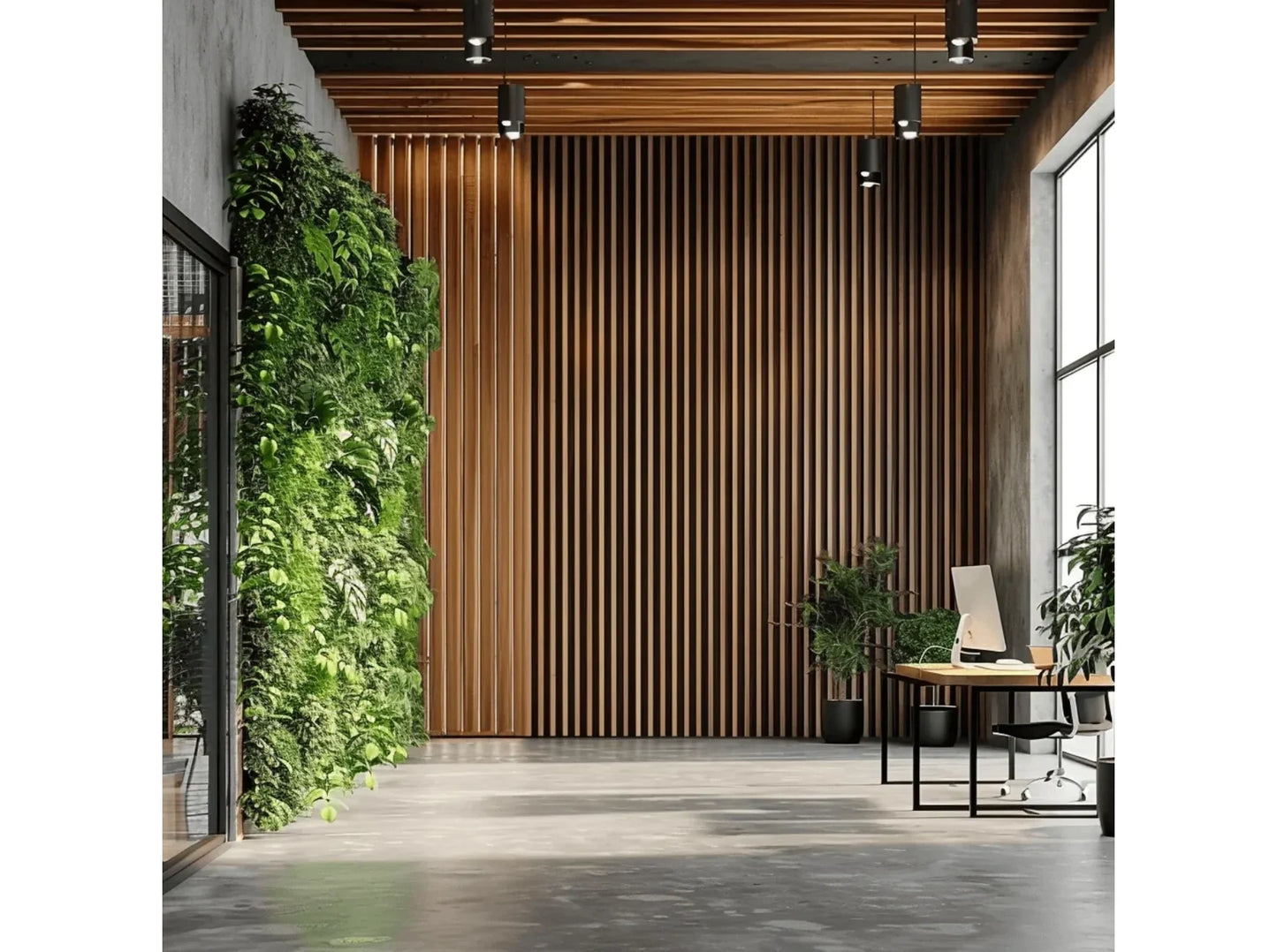 Mur en panneaux 3D Stretto chêne naturel dans un bureau moderne avec mur végétal et éclairage architectural