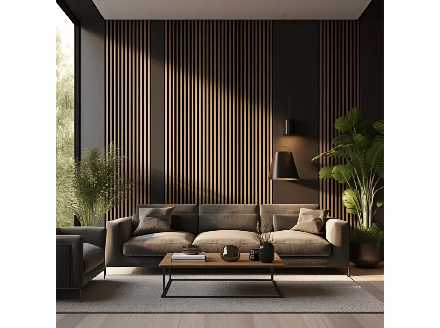 Décoration murale avec panneau 3D Stretto en chêne naturel dans un salon contemporain et cosy