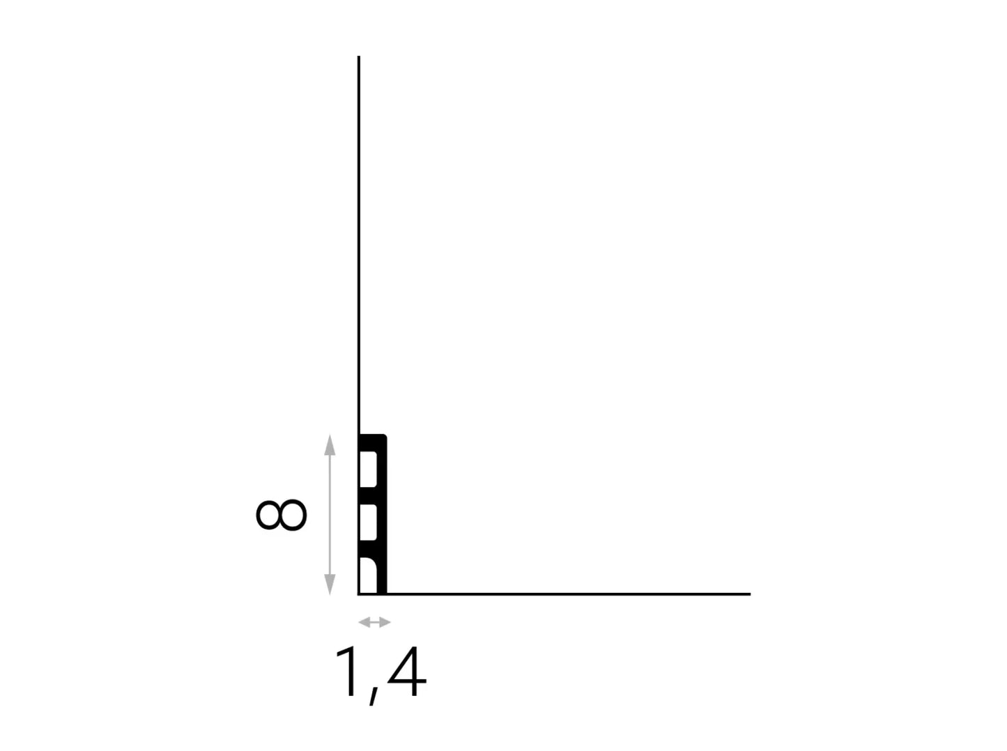 Schéma technique de la plinthe décorative MD014 – profil de coupe – dimensions 200 cm x 8 cm x 1,4 cm