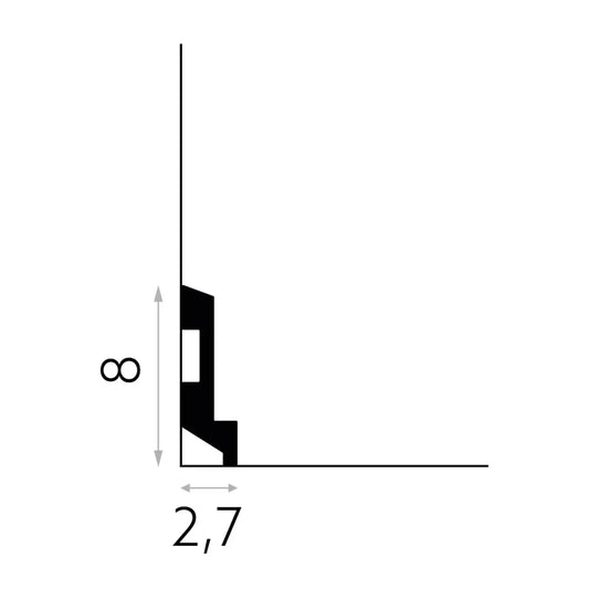 Schéma technique de la plinthe MD024 – coupe latérale – 200 cm x 8 cm x 2,7 cm – profil mouluré