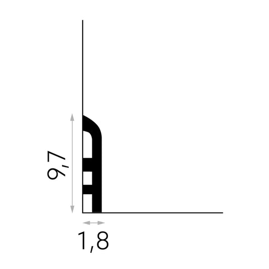 Schéma technique de la plinthe MD355 – profil arrondi – hauteur 9,7 cm – épaisseur 1,8 cm