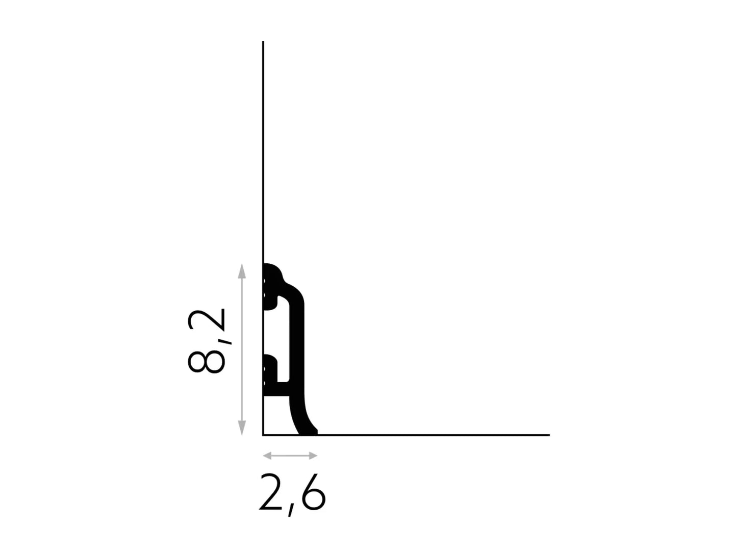 Schéma technique de la plinthe MD8300 – dimensions 200 cm x 8,2 cm x 2,6 cm – profil galbé avec passe-câble