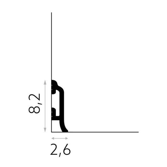 Schéma technique de la plinthe MD8300 – dimensions 200 cm x 8,2 cm x 2,6 cm – profil galbé avec passe-câble