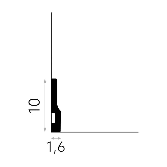 Schéma technique de la plinthe QS009 – profil mouluré – hauteur 10 cm, épaisseur 1,6 cm