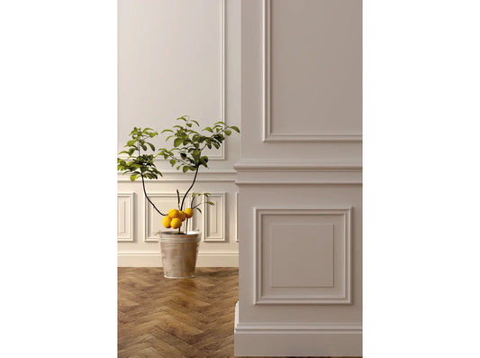 Plinthe blanche MD360 dans un intérieur chic avec murs moulurés, parquet en chevrons et plante décorative – style classique et raffiné