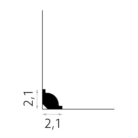 Dimensions de la plinthe MD001 : 200 cm de long, 2,1 cm de haut, 2,1 cm d’épaisseur, profil en angle droit
