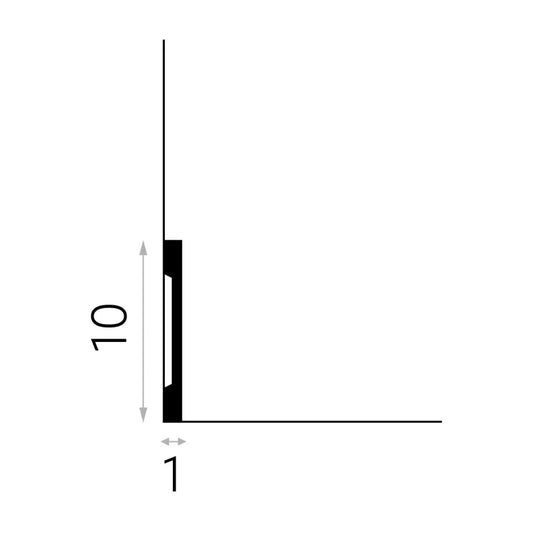 Vue latérale de la plinthe MD013 montrant son profil fin de 1 cm d’épaisseur et son design rectiligne