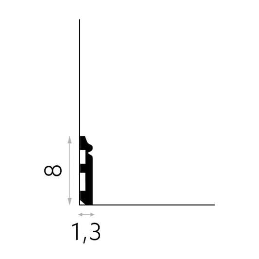Schéma technique de la plinthe MD018, 200 cm de longueur, 8 cm de hauteur, 1.3 cm de profondeur