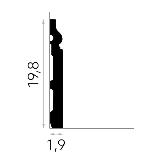 Vue technique de la plinthe décorative MD020 montrant les dimensions précises : 200 cm de long, 19,8 cm de haut et 1,9 cm d’épaisseur