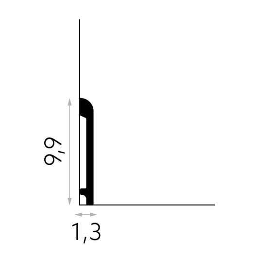 Schéma technique de la plinthe MD236 avec dimensions 200 cm de long, 9,9 cm de haut et 1,3 cm d’épaisseur